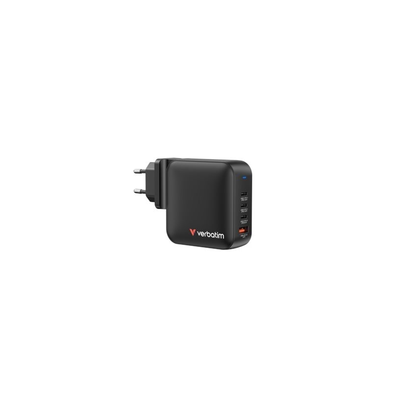 Verbatim 165W GaN-verkkovirtalaturi, 3x USB-C PD3.1/3.0 140+100+65W, 1x USB-A QC3 30W, musta