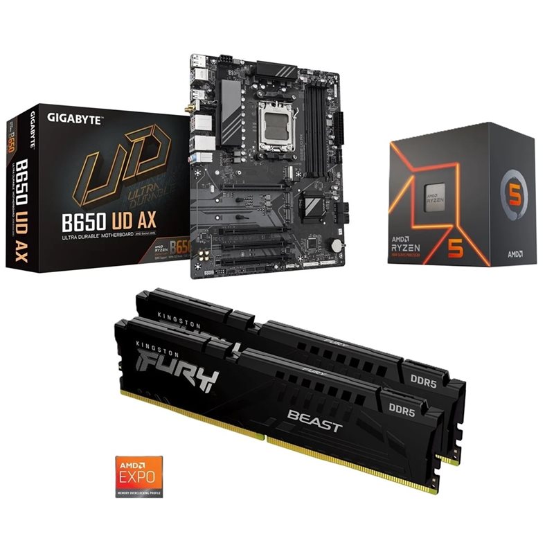 Gigabyte B650 UD AX + Ryzen 5 7600 + 32GB DDR5 6000MHz -tuotepaketti