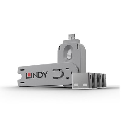 Lindy USB-A Port Blocker, 4kpl + avain, valkoinen/harmaa