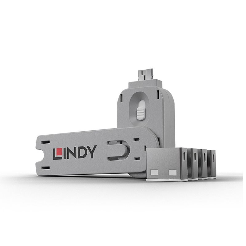 Lindy USB-A Port Blocker, 4kpl + avain, valkoinen/harmaa