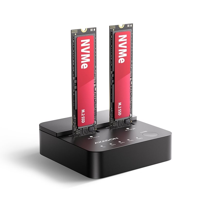 AXAGON M.2 NVMe SSD Dual -telakointi/kloonausasema, USB-C 3.2 Gen2x2, musta