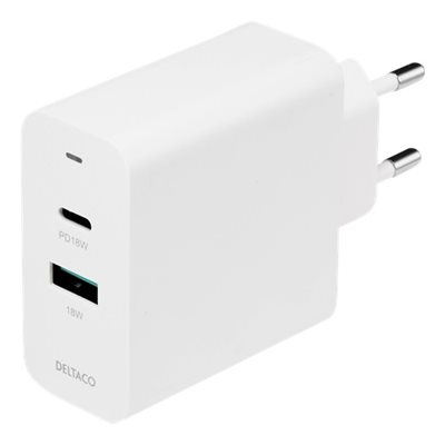 Deltaco 36W verkkovirtalaturi, USB-C PD + USB-A, valkoinen