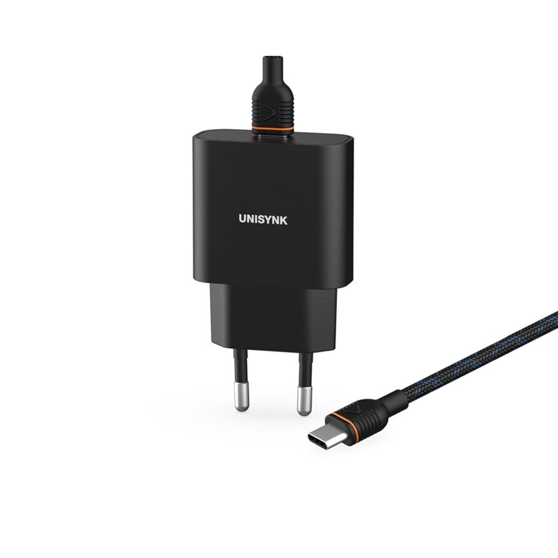 Unisynk 20W USB-C -verkkovirtalaturi ja 2m USB-C-kaapeli, musta