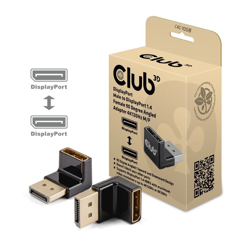 Club 3D DisplayPort 1.4 uros -> DisplayPort 1.4 naaras 90-asteen kulma-adapteri, musta