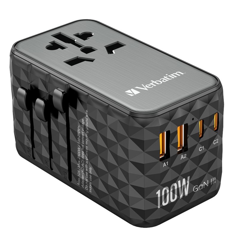 Verbatim 100W GaN III Universal Travel Adapter -maa-adapteri, 2x USB-C PD3.0, 2x USB-A QC3.0, musta