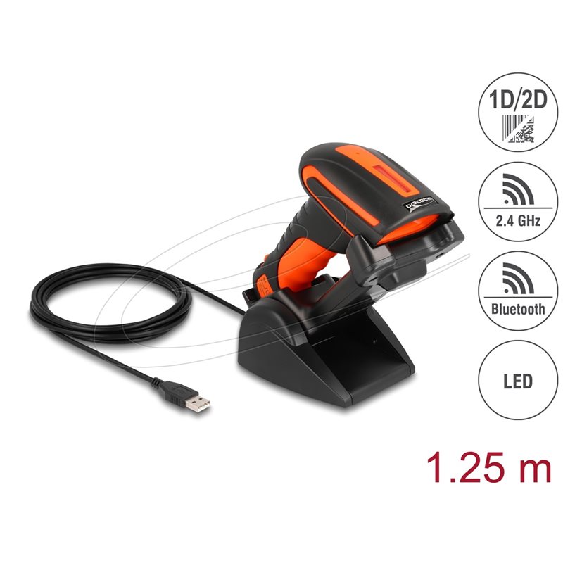 DeLock Langaton 1D/2D -viivakoodiskanneri, 2,4 GHz dongle & Bluetooth, induktiivisella latausasemalla, oran