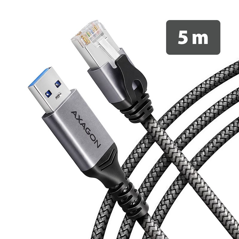 AXAGON USB-A -> RJ-45 Gigabit Ethernet -kaapeli, Cat6, 5m, harmaa