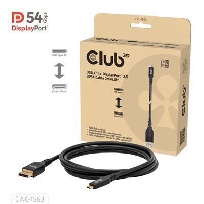 Club 3D USB-C -> DisplayPort 2.1 -näyttökaapeli, 8K120/4K480Hz, VESA DP54 -sertifioitu, 2m, musta