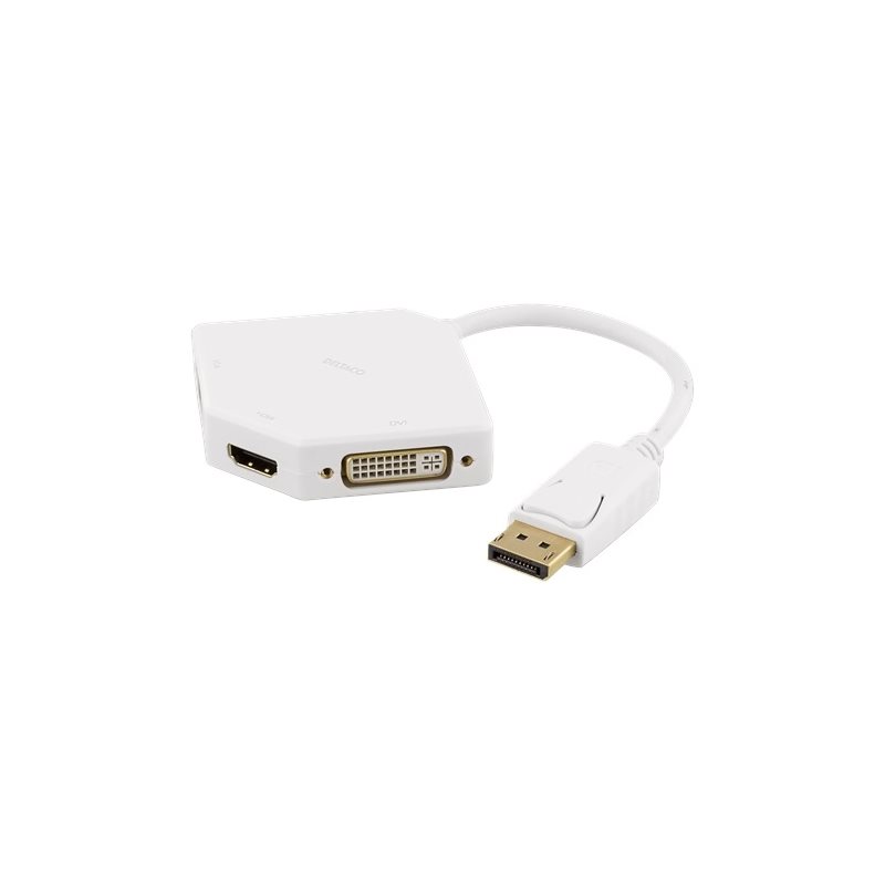 Deltaco DisplayPort -> DVI/HDMI/VGA -sovitin, 20cm, valkoinen