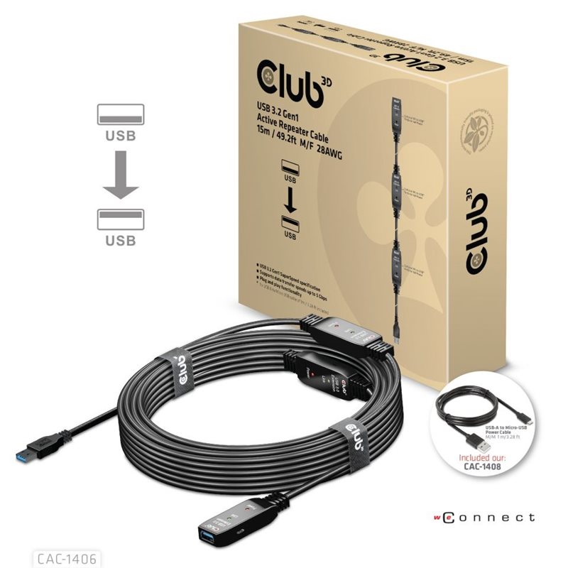 Club 3D 3.2 Gen1 USB-A -jatkokaapeli, aktiivinen, uros-naaras, 15m, musta