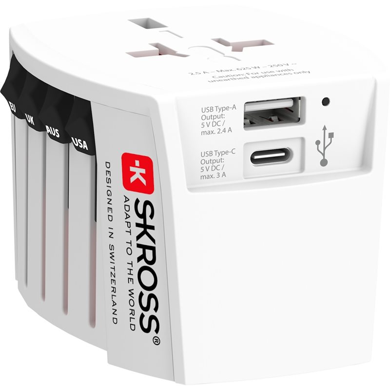 Skross World Adapter USB -maa-adapteri, USB Type-A + Type-C, valkoinen