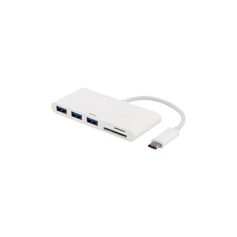 Deltaco USB 3.1 Gen 1 -hubi, USB-C, 3xUSB-A, SD/microSD, valkoinen