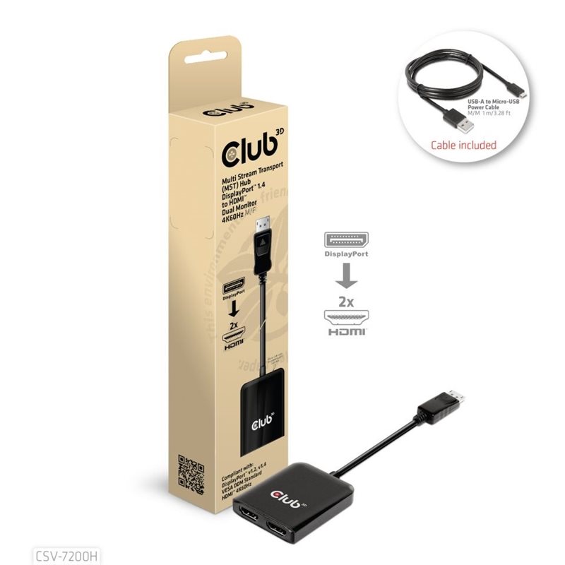 Club 3D DisplayPort 1.4 -> 2x HDMI MST -jakaja, musta