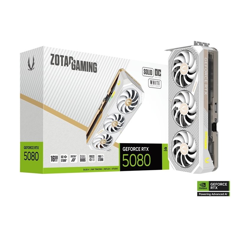 Zotac GeForce RTX 5080 SOLID OC White Edition -näytönohjain, 16GB GDDR7