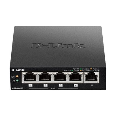 D-Link DGS-1005P, 5-porttinen Gigabit PoE+ -kytkin, 60W, musta