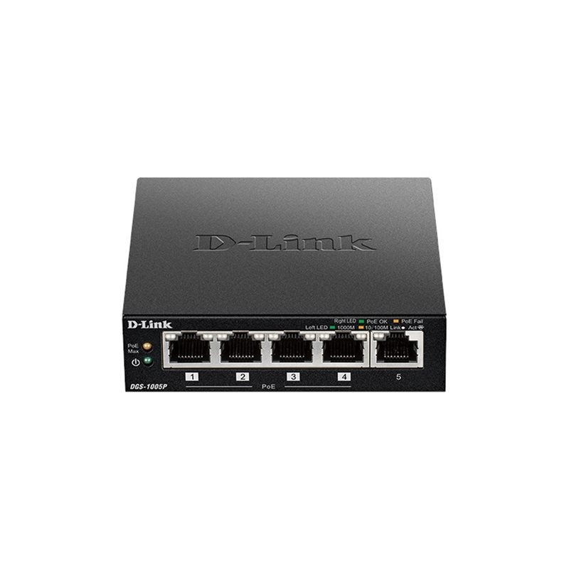D-Link DGS-1005P, 5-porttinen Gigabit PoE+ -kytkin, 60W, musta