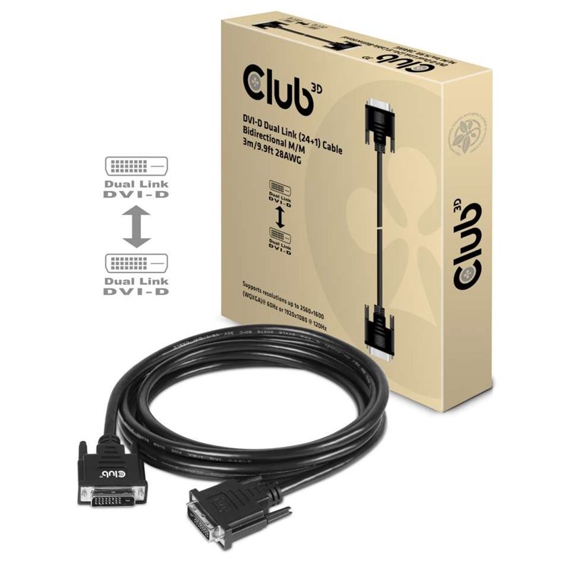 Club 3D DVI-D -näyttökaapeli, Dual-Link, 3m, musta