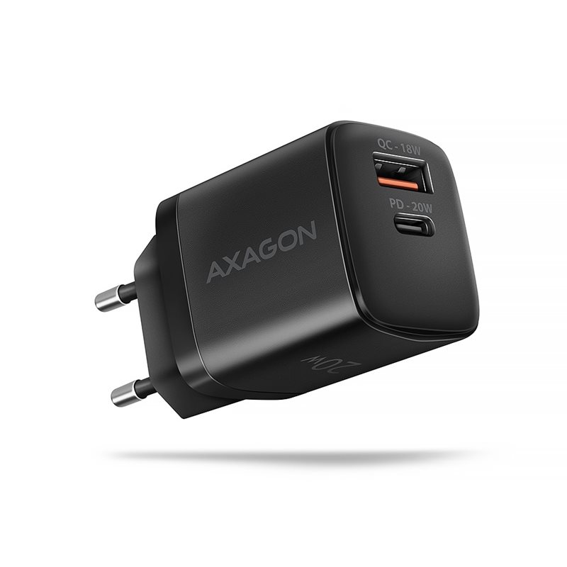 AXAGON 20W verkkovirtalaturi, USB-C + USB-A, PD3.0/QC4+, musta
