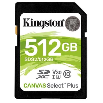 Kingston 512GB Canvas Select Plus, SDXC -muistikortti, UHS-I V30 U3, 100/85 MB/s