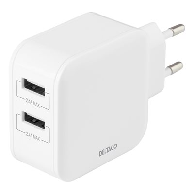 Deltaco 24W verkkovirtalaturi, 2x USB-A, valkoinen