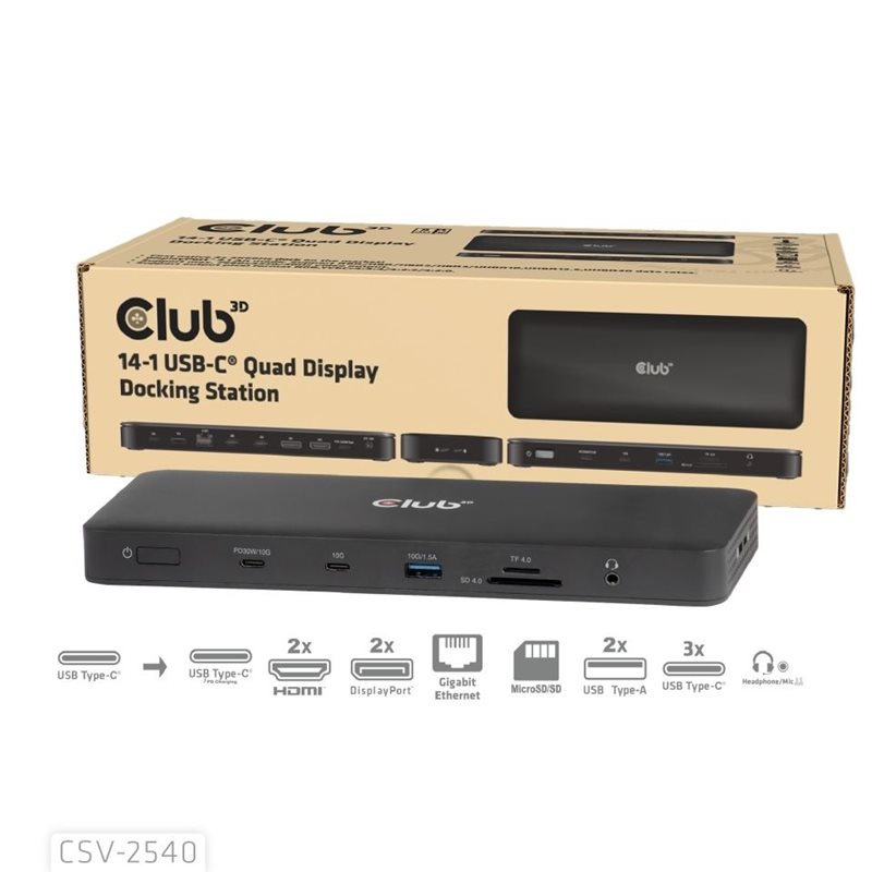 Club 3D 3.2 Gen1 USB-C 14-in-1 -telakka, musta