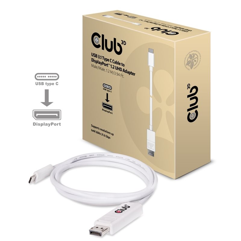 Club 3D USB 3.1 Type C Cable to DisplayPort 1.2 UHD Adapter M/M, 1,2m, valkoinen