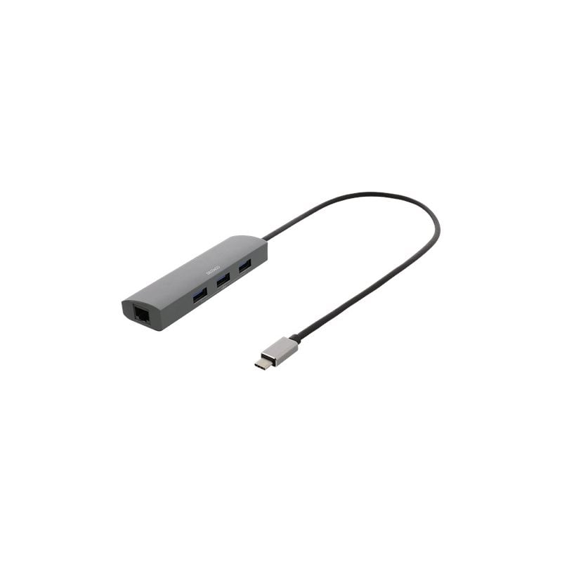 Deltaco USB-C-hubi ja verkkosovitin, USB-C, RJ45, 3x USB-A 3.0 (Poistotuote! Norm. 42,90€)