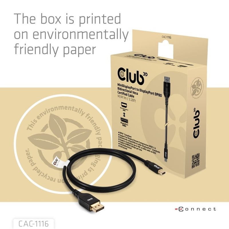 Club 3D Mini DisplayPort 2.1 - DisplayPort 2.1 -näyttökaapeli, DP80, 1m, musta - Kuva 2