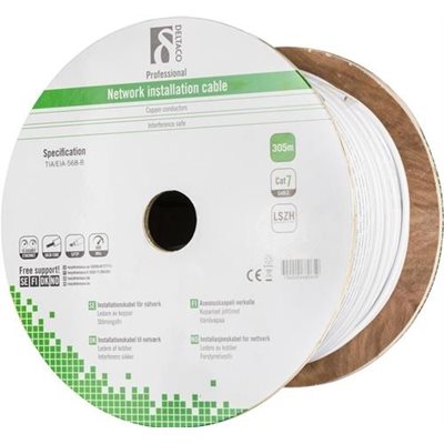 Deltaco S/FTP Cat7 suojattu asennuskaapeli, LSZH, 305m kela, valkoinen