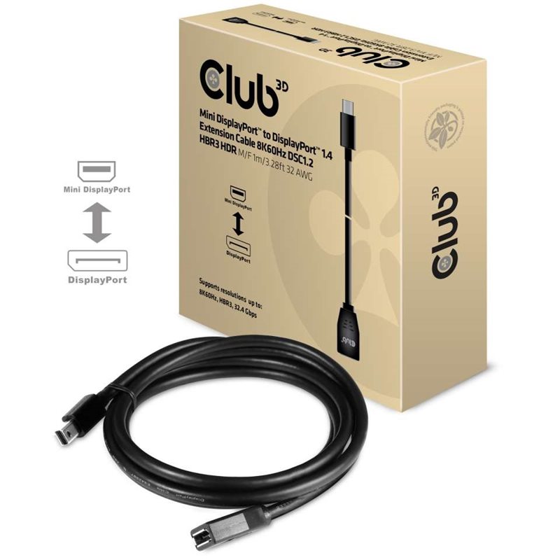 Club 3D Mini DisplayPort to DisplayPort1.4 -jatkokaapeli, uros/naaras, 1m, musta
