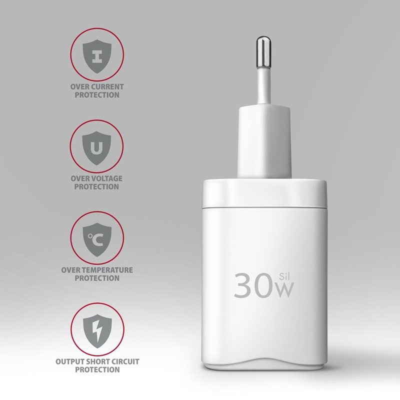 AXAGON 30W verkkovirtalaturi, USB-C + USB-A, PD3/QC3, valkoinen - Kuva 2