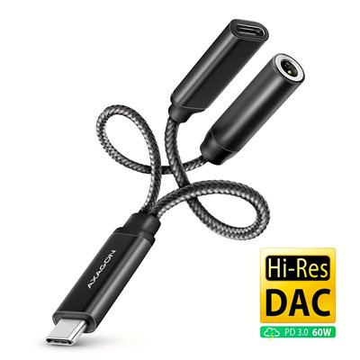 AXAGON USB-C -> Hi-Res DAC -audioadapteri & PD3.0 60W, musta