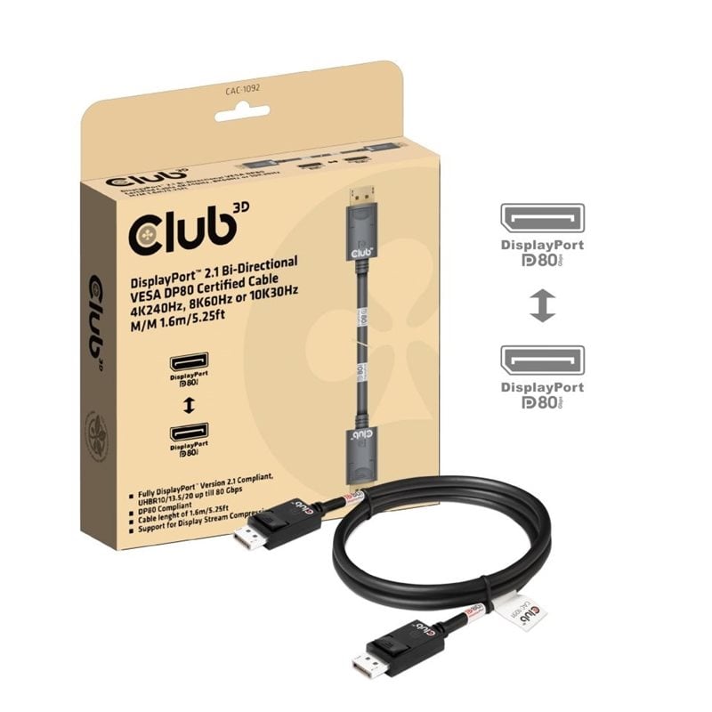 Club 3D DisplayPort 2.1 -näyttökaapeli, DP80, 1,6m, musta