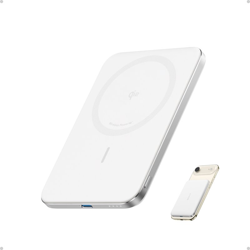 Anker 5000 mAh Nano MagGo Power Bank Slim, varavirtalähde, Qi2, USB-C, valkoinen
