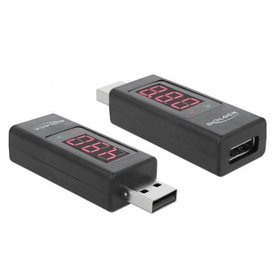 DeLock 2.0 USB-A uros -> USB-A naaras -adapteri, jännite/virta LED-ilmaisimella, musta