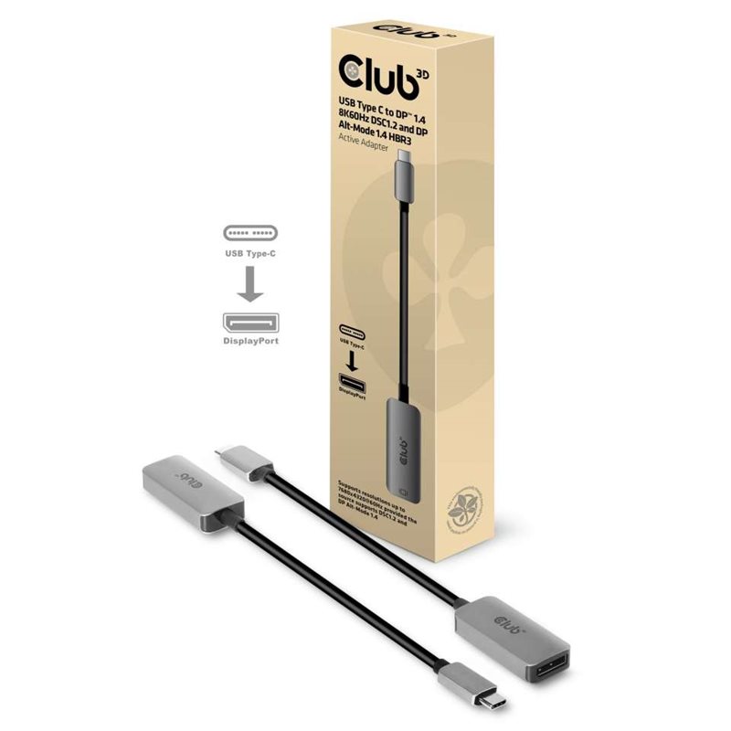 Club 3D USB Type-C -> DisplayPort 1.4 8K30Hz HBR3 Active Adapter -adapterikaapeli, 22cm, harmaa/musta