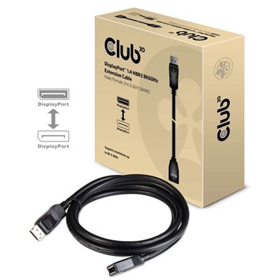 Club 3D DisplayPort 1.4 -jatkokaapeli, uros -> naaras, HBR3, 2m, musta