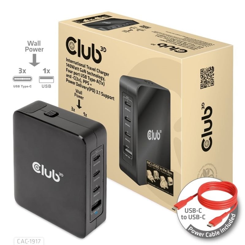 Club 3D 140W GaN-verkkovirtalaturi, 3x USB-C PD3.1 + USB-A, musta