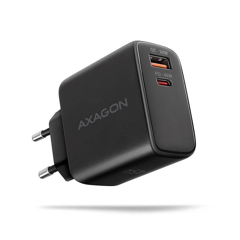 AXAGON 45W verkkovirtalaturi, USB-C + USB-A, PD3.0/QC4+, musta