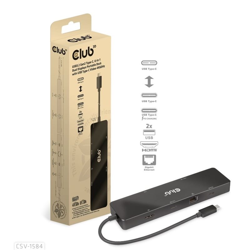 Club 3D 3.2 Gen2 USB-C 6-in-1 hubi, HDMI, USB-C, 2x USB-A, GLAN, USB-C PD3.0 85W, musta