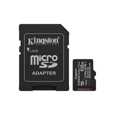 Kingston 512GB Canvas Select Plus, microSDXC -muistikortti, UHS-I V30 U3 A1, 150 MB/s, SD-adapterilla