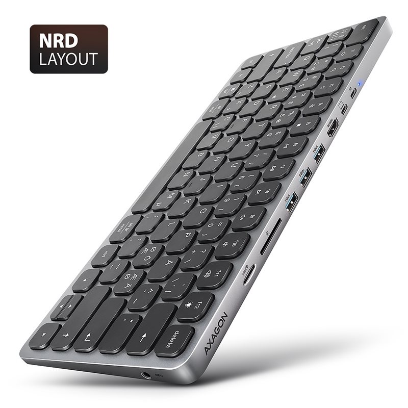 AXAGON Näppäimistö 8-in-1 telakalla, 3.2 Gen1 USB-C, Nordic layout, harmaa