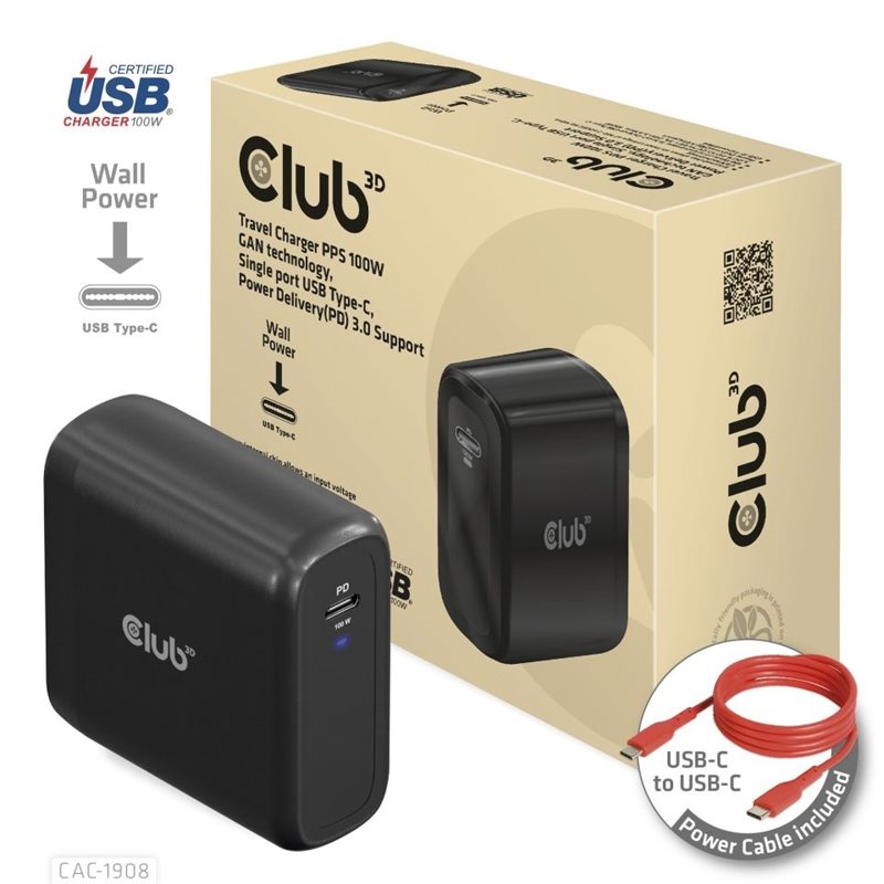 Club 3D 100W GaN-verkkovirtalaturi, USB-C PD3.0, musta