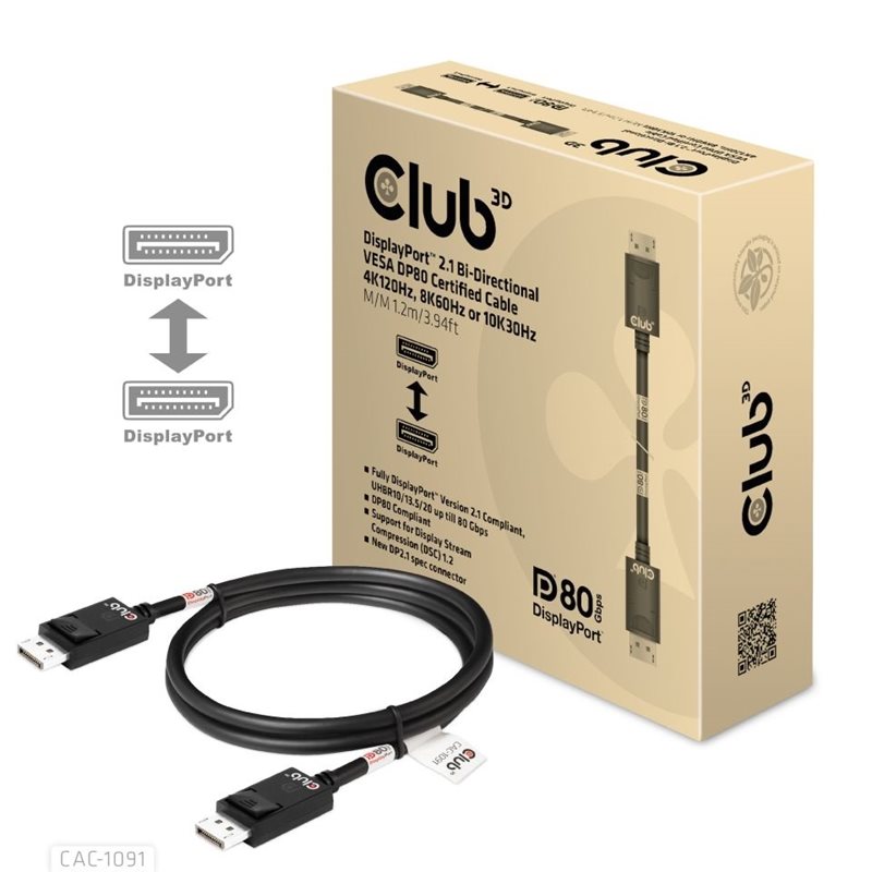 Club 3D DisplayPort 2.1 -näyttökaapeli, DP80, 1,2m, musta (Tarjous! Norm. 24,90€)