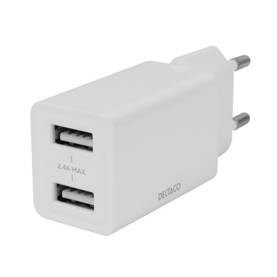 Deltaco 12W verkkovirtalaturi, 2x USB-A, valkoinen