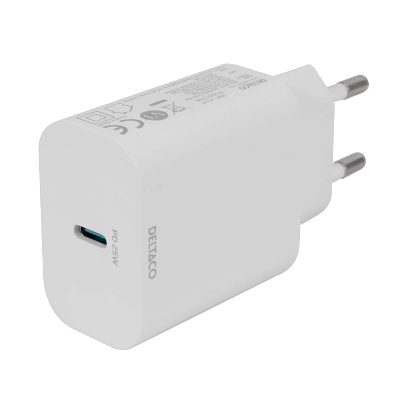 Deltaco 25W verkkovirtalaturi, USB-C PD, valkoinen