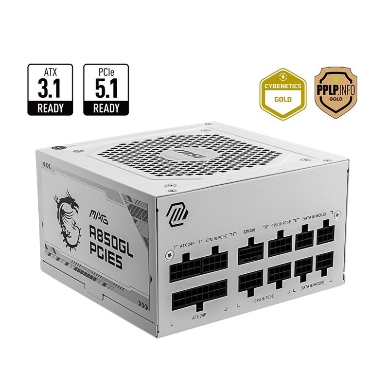 MSI 850W MAG A850GL PCIE5 WHITE, ATX-virtalähde, 80 plus Gold, valkoinen