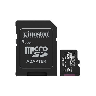 Kingston 128GB Industrial, microSDXC -muistikortti, TLC pSLC, UHS-1 V30 U3 A1, 100/80 MB/s, SD-adapterilla