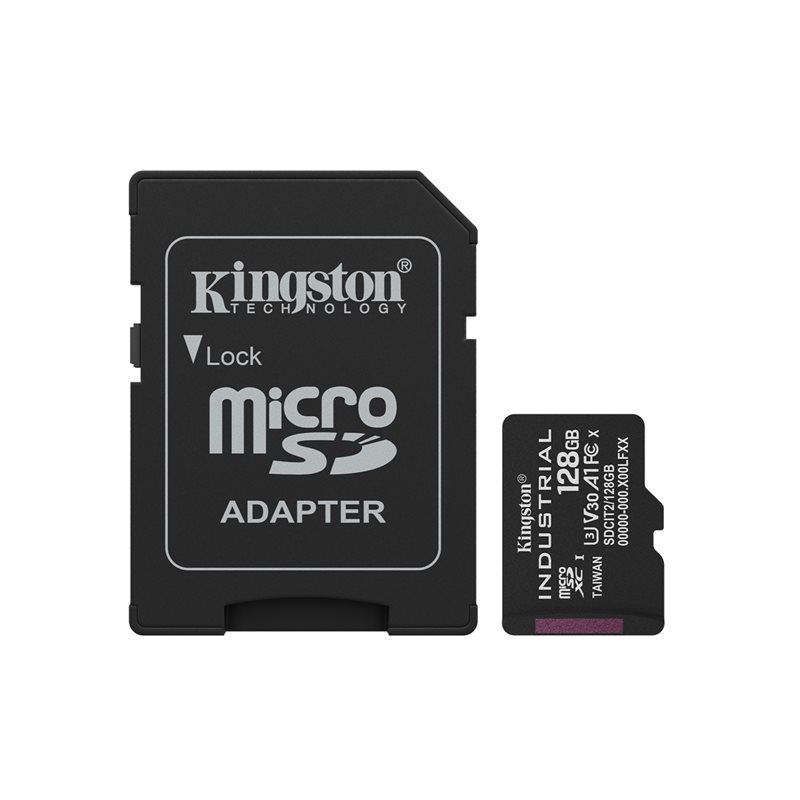 Kingston 128GB Industrial, microSDXC -muistikortti, TLC pSLC, UHS-1 V30 U3 A1, 100/80 MB/s, SD-adapterilla