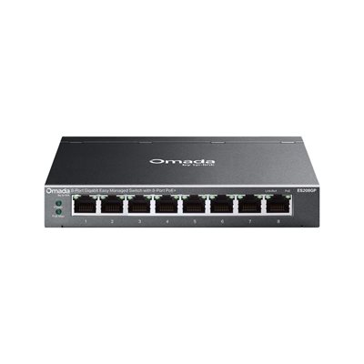 TP-Link Omada ES208GP, 8-porttinen Gigabit PoE+ -kytkin, 64W, musta